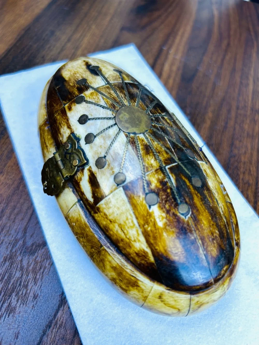 Vintage Bovine Bone Trinket Box Brass‎ Inlay Jewelry Box Collectible Carmel Bone